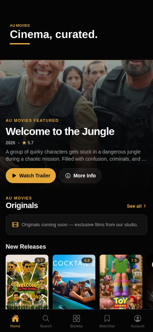 AU Movies Home screen